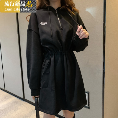 恋名媛加绒连衣裙冬季长款加厚大码女装收腰显瘦黑色气质连帽卫衣裙秋冬大码女装