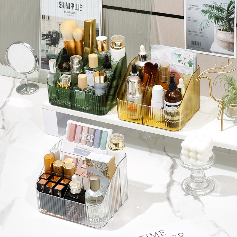 泽熙 [ZT2259]桌面化妆品收纳盒厨房整理盒子收纳筐家用抽屉塑料储物盒 轻奢绿 4格+3格