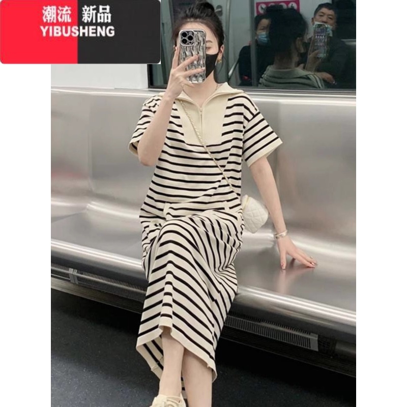 YIBUSHENG小众polo条纹短袖连衣裙子女季宽松200斤胖mm直筒休闲长款t恤裙