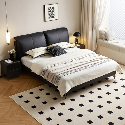 全友家居真皮床意式极简2024新款卧室黑色头层牛皮双人大床