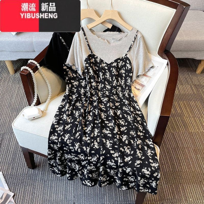 YIBUSHENG胖mm装碎花拼接假两件连衣裙女200斤特大码宽松显瘦过膝中长裙