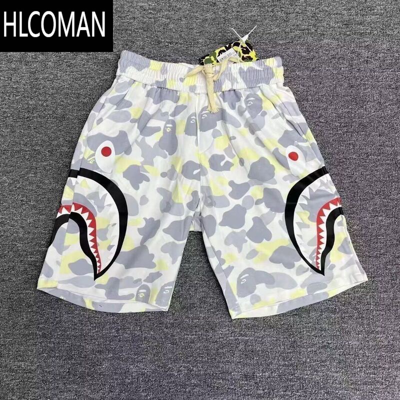 HLCOMAN新中式潮牌夏季鲨鱼短裤迷彩印花男女情侣宽松休闲运动五分裤