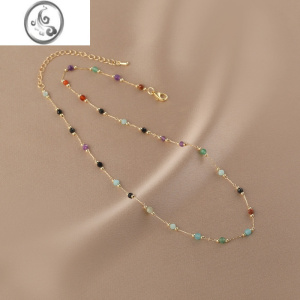 JiMi彩色石串珠项链2023新款复古锁骨链女高级感小众饰品 金色