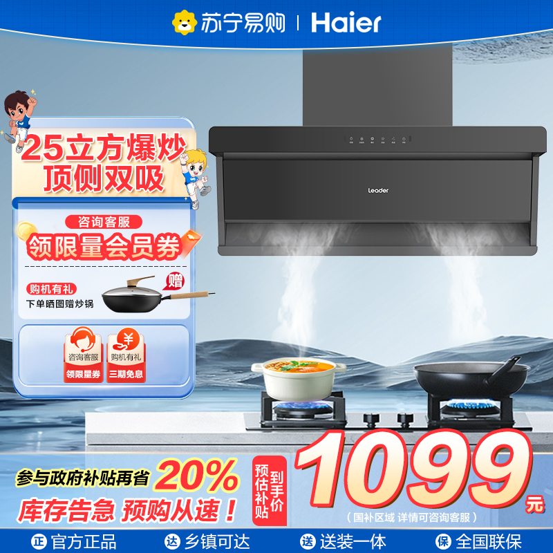 海尔顶侧双吸油烟机 一级能效 25m³/min 大吸力 触摸控制 钢化玻璃面板 480帕大静压IQ75Z1