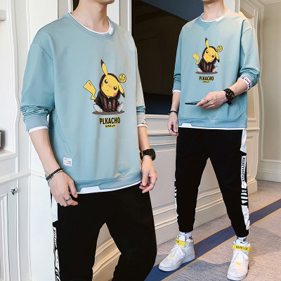 狮臣SHICHEN卫衣套装男2020年春季新款男士休闲运动上衣潮男青少年宽松百搭圆领套头卫衣男运动套装男装TZ2447湖蓝色L