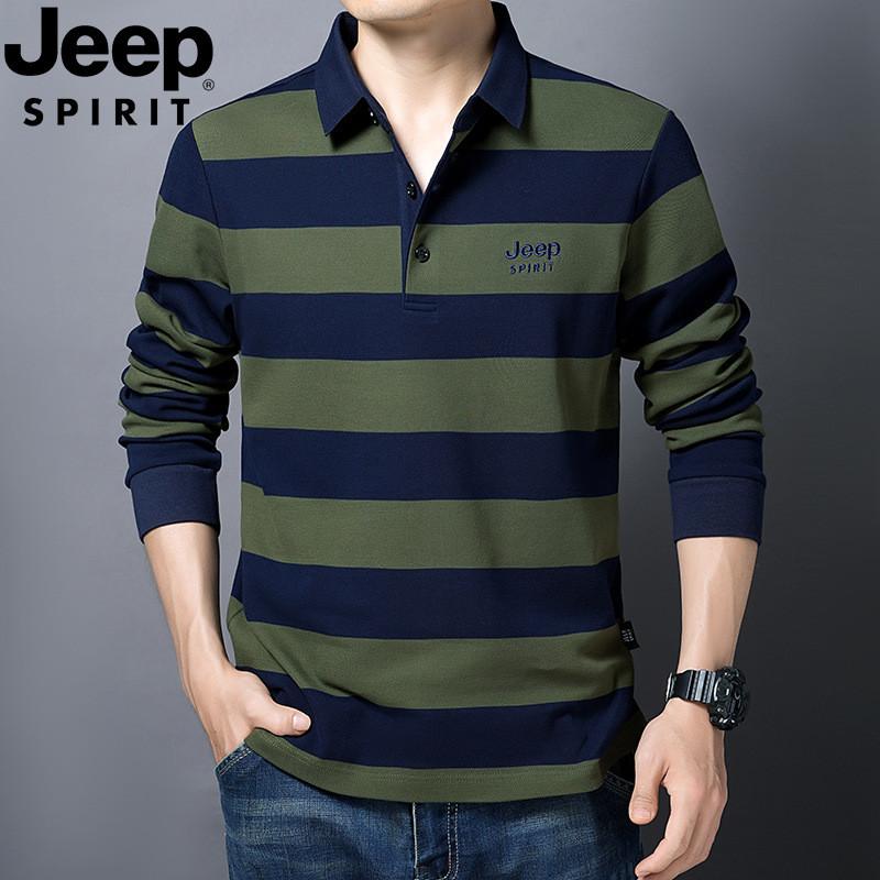 JEEP SPIRIT条纹翻领长袖T恤男春秋新款商务休闲纯棉上衣2038