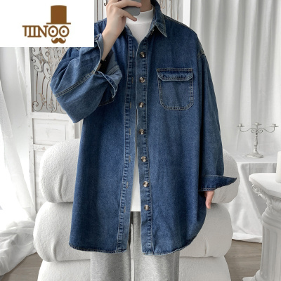 YANXUins高街潮牌复古牛仔衬衫男春装加肥加大码胖人宽松长袖衬衣外套