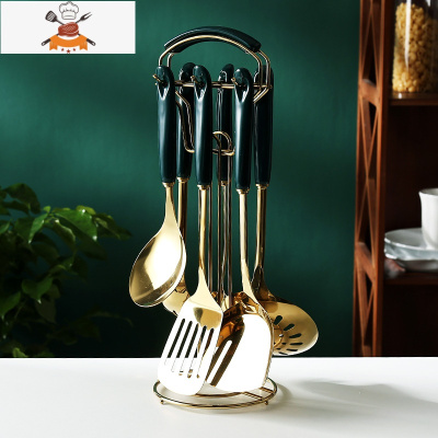 轻奢不锈钢锅铲高颜值厨具套装家用厨房用品炒菜烹饪全套汤勺铲子 敬平 厨具七件套(祖母绿陶瓷手柄)