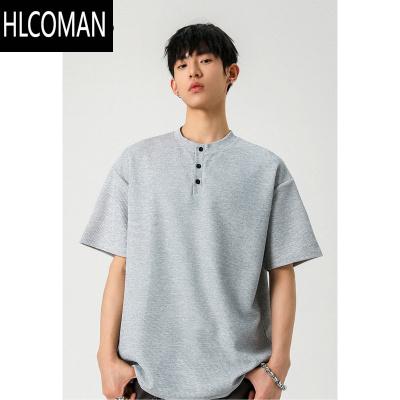 HLCOMAN日系华夫格亨利领短袖男女夏季新款oversize宽松休闲半袖PoloT恤