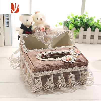 三维工匠布艺纸巾盒客厅轻奢多创意遥控器收纳盒家用茶几桌面抽纸盒子 恩爱熊2合1(中号)咖色