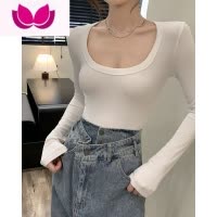 七斓辣妹U领T恤性感露脐修身弹力打底衫女春内搭纯色长袖短款上衣