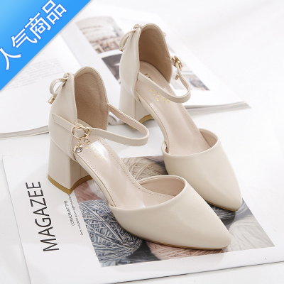 SUNTEK2023新款包头凉鞋女夏百搭仙女高跟单鞋夏季一字扣尖头粗跟中跟