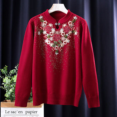 广赫刺绣花毛衣女装中年中老年命年妈妈红色衣服洋气时尚中式上衣夹克