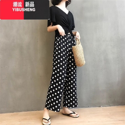 YIBUSHENG2024韩版垂感雪纺波点阔腿裤女季高腰宽松圆点温柔风休闲裤女裤