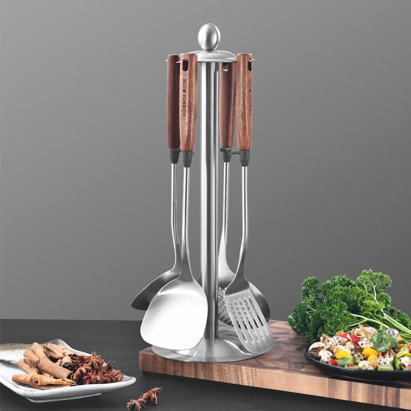 康巴赫(KBH)304不锈钢长柄无涂层炒菜铲子煎铲汤勺漏勺支架五件套