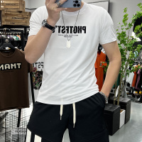 欧洲站夏季新款字母时尚短袖修身男士上衣半袖潮流丝光棉圆领衣服