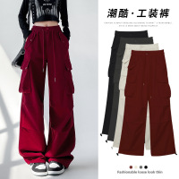 美式复古工装裤女高腰宽松设计感运动阔腿裤子垂感直筒休闲伞兵裤