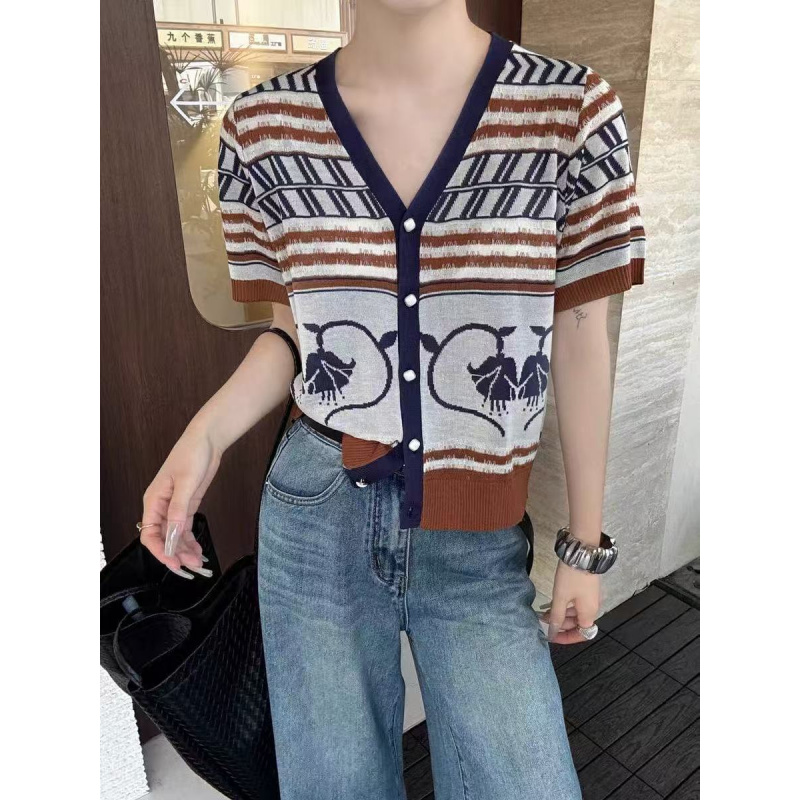 针织开衫外套薄款2026春夏新款女装韩系短袖复古印花高级感针织衫