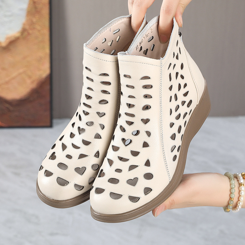 26夏季新款镂空洞洞鞋透气时尚凉鞋头层牛皮侧拉链平底民族风女靴