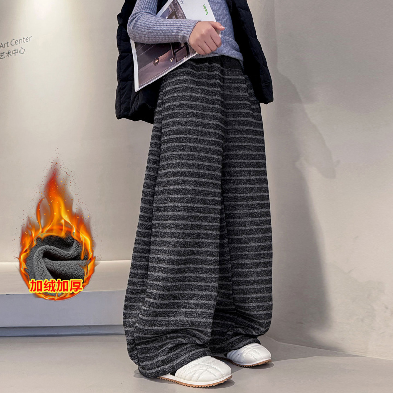男童秋冬季裤子加绒加厚新款保暖儿童条纹长裤大童冬装一体绒