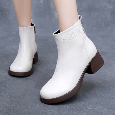 真皮马丁靴女款25年新款冬季圆头中跟软底复古流行加绒粗跟女棉鞋