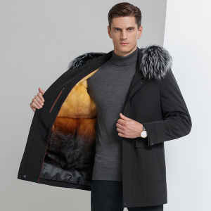 [内胆可脱 新年送礼]冬装海宁皮草派克服男水貂内胆狐狸毛领皮草外套男中长款派克服男整貂内胆皮草大衣黄金貂绒男士外套尼克服