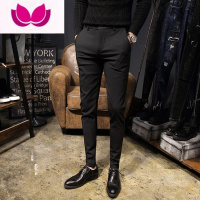 七斓加绒休闲裤男修身韩版青年9分裤子黑色小脚九分西裤男士长裤