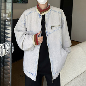 男装美式复古潮牌牛仔外套男春秋季新款痞帅青少年立领工装夹克男