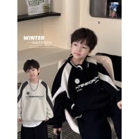 童酷儿童冬款湖州织里童装美式印花拼色一体绒加厚男童卫衣潮