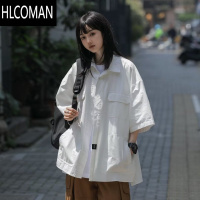 HLCOMAN日系复古咖色工装短袖衬衫男女户外港风chic潮牌宽松休闲衬衣外套
