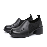 秋新款真皮小个子中跟单鞋女粗跟圆头针织弹力拼接深口女单鞋