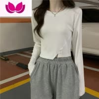 七斓内搭打底衫女小个子纯色长袖T恤别致高腰不规则短款春季上衣新款