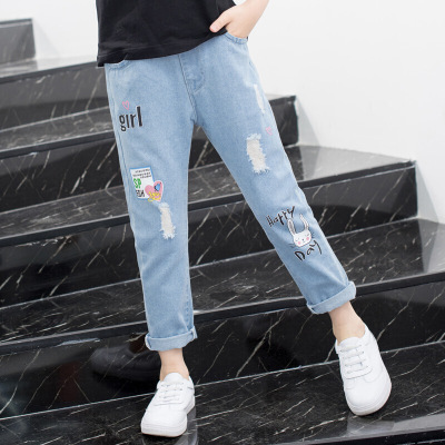 迪鲁奥（DILUAO)小孩子穿的女童腰带牛仔裤儿童中大童修身弹力春秋长裤秋款裤子小学生洋气裤圣-兔子腰带款