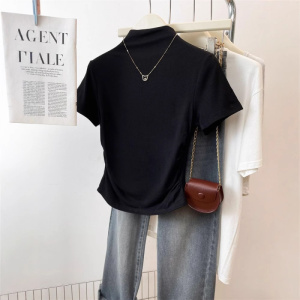 夏季新款半高领收腰短袖T恤女简约褶皱设计感修身短款上衣潮