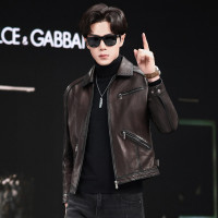 海宁机车皮衣男真皮短款修身2025新款覆古头层牛皮夹克翻领外套潮