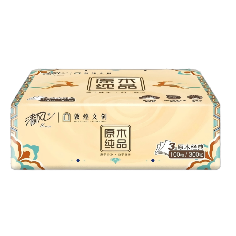 清风 原木敦煌联名3层100抽60包一箱大箱装家用