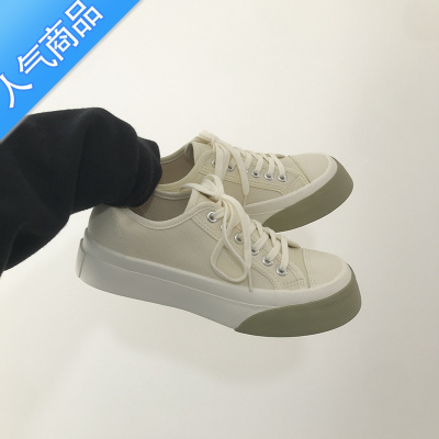 SUNTEK卷毛高 厚底小白鞋女2023新款大头帆布鞋百搭设计感小众春秋学生