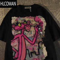 HLCOMAN美式vintage粉色豹印花短袖t恤男女夏潮ins高街情侣上衣