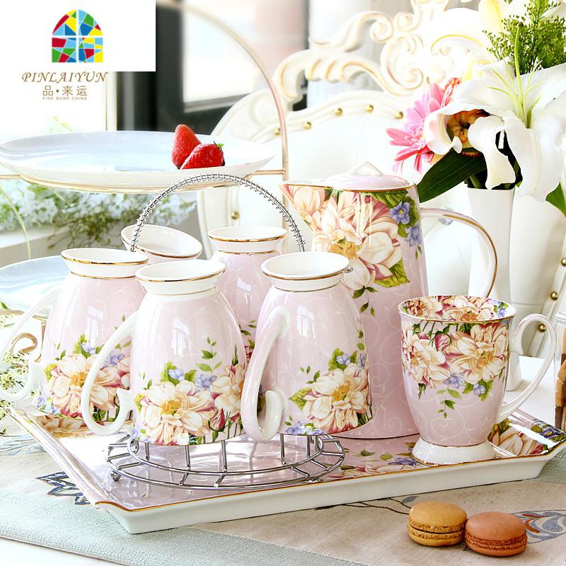 茶具杯子冷水壶套装杯具茶壶陶瓷凉水喝水杯子客厅家用欧式轻奢 FENGHOU 粉黛佳人9件(6杯+1壶+1陶瓷托盘+凉水壶