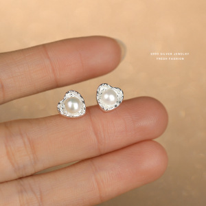 韩版小众设计淡水珍珠爱心耳钉女s999纯银百搭轻奢优雅足银耳饰送女朋友老婆情人节七夕生日礼物 银色