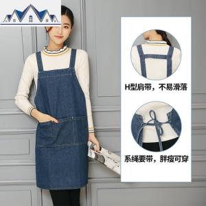 牛仔围裙女时尚韩版家用厨房帆布布料可爱日系围腰防水成人工作服 三维工匠