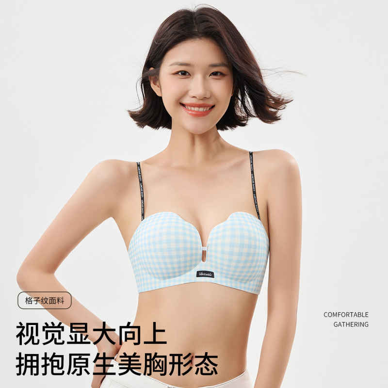 性感细带法式格纹少女无痕内衣女小胸聚拢显大无钢圈防下垂文胸罩