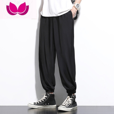 七斓夏季薄款冰丝裤男弹力宽松休闲裤子超薄运动束脚九分裤加肥加大码