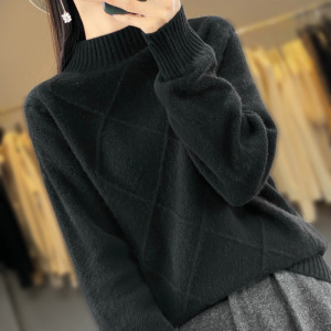 秋冬新款半高领菱形块纯色针织毛衣女装韩版宽松长袖加厚打底上衣