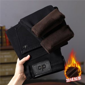 高端男士加绒牛仔裤冬季新款黑色加厚保暖弹力锥形裤休闲男款