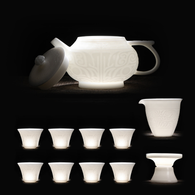苏氏陶瓷(SUSHI CERAMICS)羊脂玉功夫茶具套装古青铜器纹浮雕工艺高品质功夫茶杯带礼盒套装