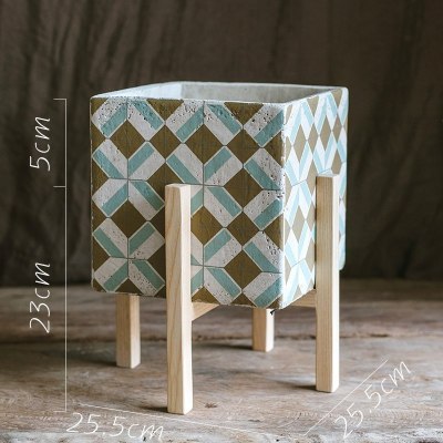 美帮汇氧气系列方体水泥花器花盆花瓶装饰收纳摆件清新艺术风格 B白蜡木架套装,打孔请备注 大