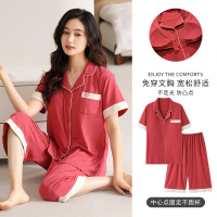 夏季莫代尔短袖开衫套装女带胸垫一体式睡衣卡通休闲可外穿家居服