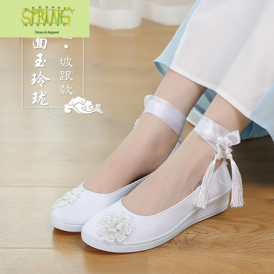 原创汉服鞋子古风搭配老北京布鞋女平跟民族风浅口系带茶艺绣花鞋语娄帆布鞋