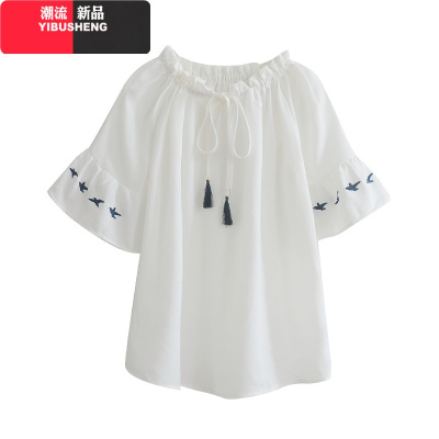 YIBUSHENG白金天使甜美清新日系带流苏刺绣荷叶袖雪纺衫上衣女2020春夏学生白色系单一码